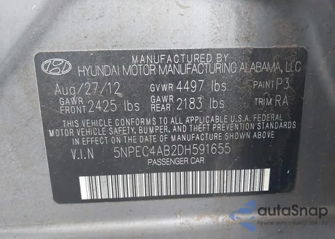 2013 Hyundai Sonata Limited 2.0T z USA, uszkodzony, nr VIN 5NPEC4AB2DH591655